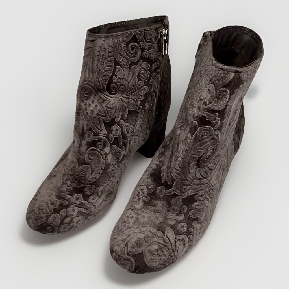 Zigi Soho Gray Velvet Paisley Ankle Boots Block Heel Boho Booties Women Size 9.5